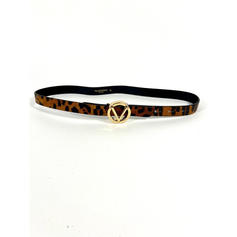 Valentino Milano Leopard Print Leather Belt Gold V Logo Buckle Womens Size S